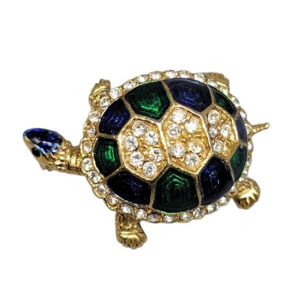 Sphinx Crystal Enamel Turtle Brooch Green Blue on Gold Tone Vintage Number 20232 - Picture 5 of 6